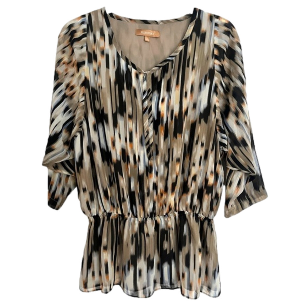 ELLEN TRACY blouse lightweight drop waist Striped printed pattern neutral Large